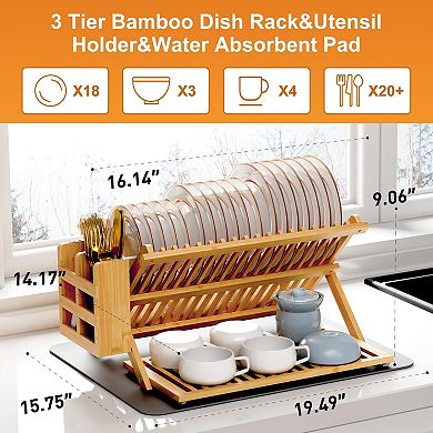 Bamboo Dish Drying Rack Large Collapsible Countertop Organizer Natural 3-Piece