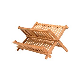 Collapsible Bamboo Dish Drying Rack, 2 tier Foldable Wooden Dish Drainer