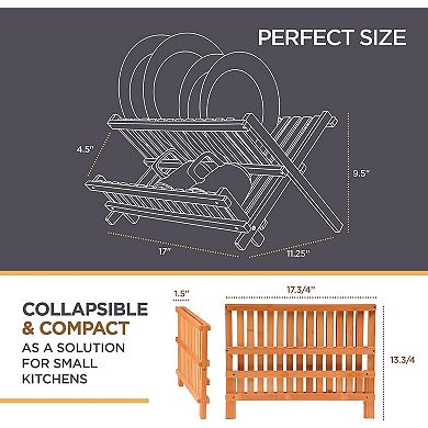 Collapsible Bamboo Dish Drying Rack, 2 Tier Foldable Wooden Dish Drainer