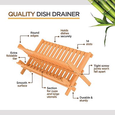 Collapsible Bamboo Dish Drying Rack, 2 Tier Foldable Wooden Dish Drainer