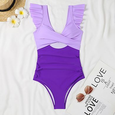 Women's Ruffle Cutout One Piece V-Neck Swimsuit