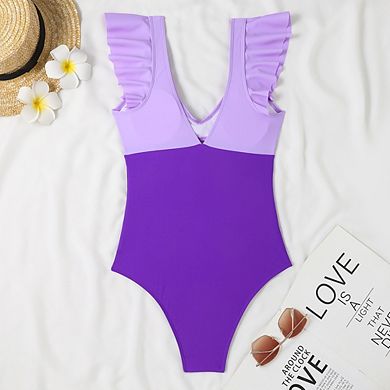 Women's Ruffle Cutout One Piece V-Neck Swimsuit