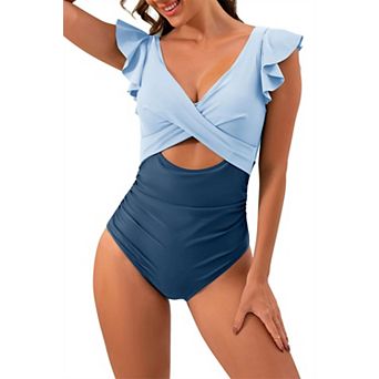 Women's Ruffle Cutout One Piece V-Neck Swimsuit