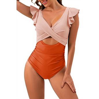 Women's Ruffle Cutout One Piece V-Neck Swimsuit