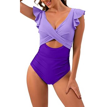 Women's Ruffle Cutout One Piece V-Neck Swimsuit