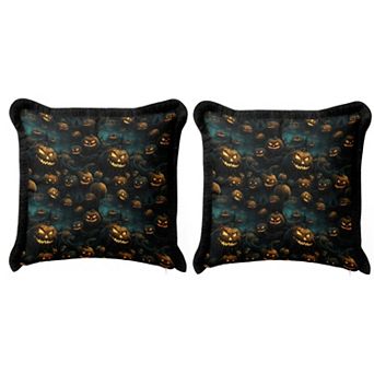 Halloween Pumpkin Themed Fringed Pillow Cover Set of 2, Holiday Dining or Living Room Decor