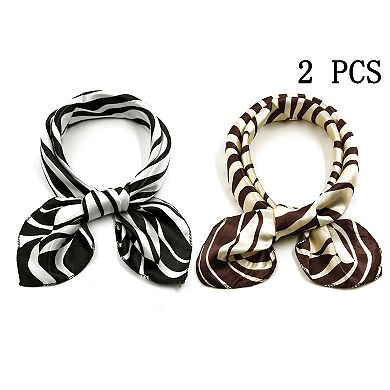 2Pcs Women's Satin Silky Scarves Square Printed Neckerchief Neck Scarf