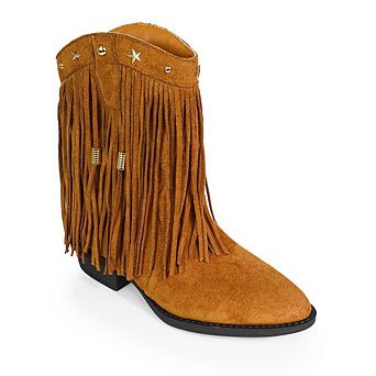 Anastasia-1 Fringe Studded Western Ankle Boots with Tassel Detail