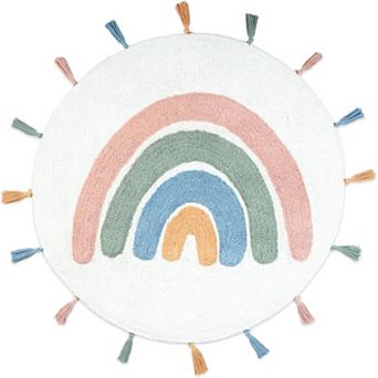 HomeRoots 32" White Blue And Pink Cotton Rainbows Round Youthful Bath Rug