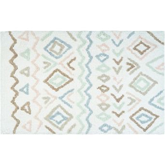 HomeRoots 32" Blue Brown And White Cotton Geometric Bath Rug
