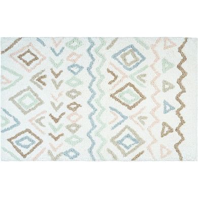 HomeRoots 32" Blue Brown And White Cotton Geometric Bath Rug