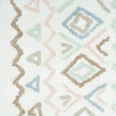HomeRoots 32" Blue Brown And White Cotton Geometric Bath Rug