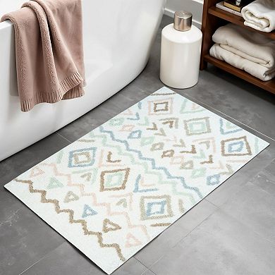 HomeRoots 32" Blue Brown And White Cotton Geometric Bath Rug