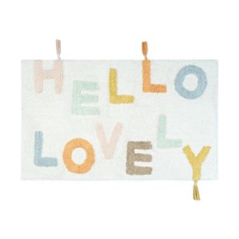 HomeRoots 32" Blue White And Yellow Cotton Hello Lovely Youthful Bath Rug