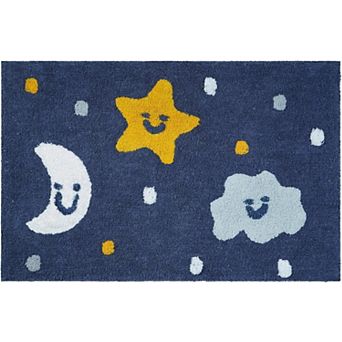 HomeRoots 32" White Blue And Yellow Cotton Clouds and Stars Youthful Bath Rug