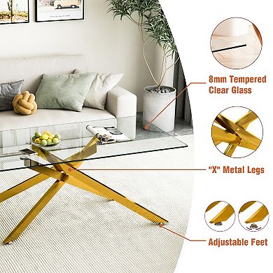 CEWOR 47" Rectangular Tempered Glass Coffee Table, Metal Legs, Modern Living Room Center Table
