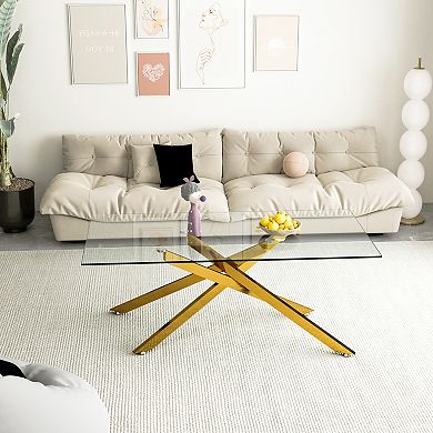 CEWOR 47" Rectangular Tempered Glass Coffee Table, Metal Legs, Modern Living Room Center Table