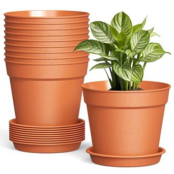 10 Pack 6 Inch Plastic Plant Pots with Drainage Saucers for Indoor Outdoor Flowers Herbs