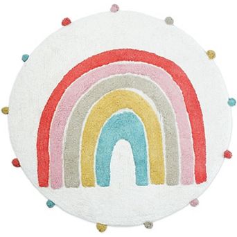 HomeRoots 32" White Pink And Yellow Cotton Rainbows Round Youthful Bath Rug