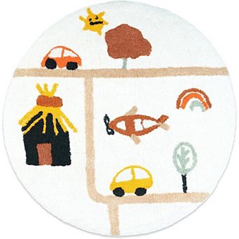 HomeRoots 32" White Yellow And Red Cotton Cars Round Youthful Bath Rug