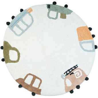 HomeRoots 32" Blue Green And White Cotton Cars Round Youthful Bath Rug