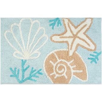 HomeRoots 32" Blue Tan And White Cotton Seashells And Coral Bath Rug