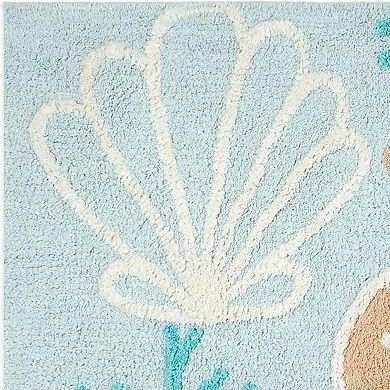 HomeRoots 32" Blue Tan And White Cotton Seashells And Coral Bath Rug