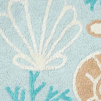HomeRoots 32" Blue Tan And White Cotton Seashells And Coral Bath Rug