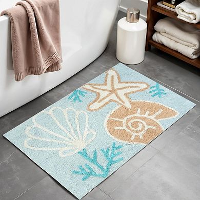HomeRoots 32" Blue Tan And White Cotton Seashells And Coral Bath Rug