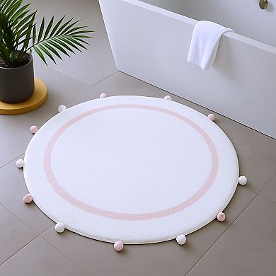 HomeRoots 32" Light Pink And White Cotton Round Geometric Bath Rug