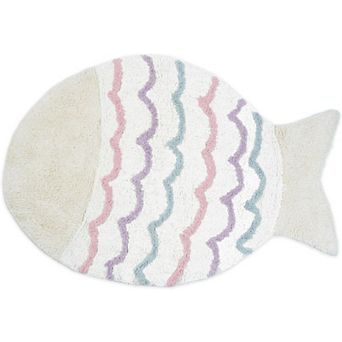 HomeRoots 32" White Pink And Purple Cotton Fish Shaped Youthful Bath Rug