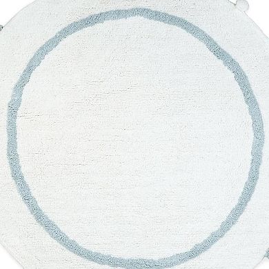 HomeRoots 32" Baby Blue And White Cotton Round Geometric Bath Rug