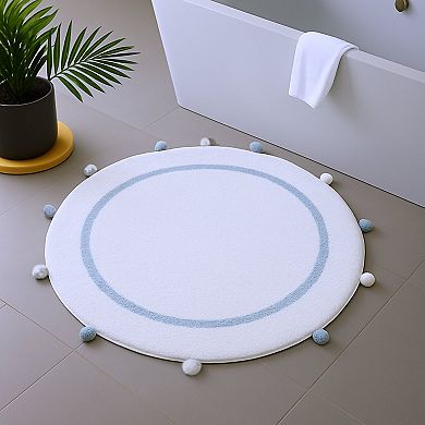 HomeRoots 32" Baby Blue And White Cotton Round Geometric Bath Rug