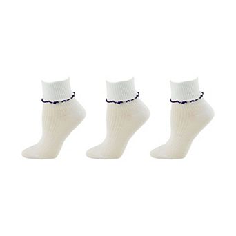 Girl's Turn Cuff Lettuce Edge Socks in Combed Cotton for School Uniform or Dress Up, 3 pack