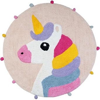 HomeRoots 32" Pink And Yellow Cotton Unicorns Round Youthful Bath Rug