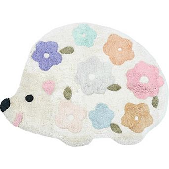 HomeRoots 32" White Blue And Pink Cotton Hedgehog Floral Print Bath Rug