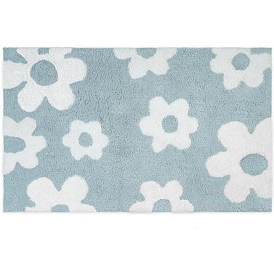 HomeRoots 32" Blue And White Cotton Floral Bath Rug