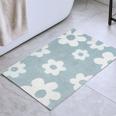 HomeRoots 32" Blue And White Cotton Floral Bath Rug