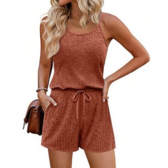 Ekouaer Rompers for Women Summer Casual Sleeveless Scoop Neck Ribbed Adjustable Shorts Jumpsuit