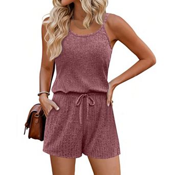 Ekouaer Rompers for Women Summer Casual Sleeveless Scoop Neck Ribbed Adjustable Shorts Jumpsuit