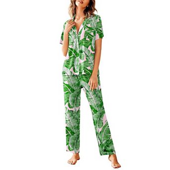 Avidlove Women Notch Collar Short Sleeve Button Down Sleepwear Set With Long Drawstring Pants