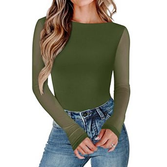 Avidlove Womens Long Sleeve Bodysuit Boat Neck Mesh Bodysuit Double Lined Leotard Dressy Tops
