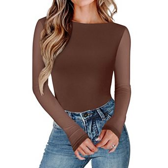 Avidlove Womens Long Sleeve Bodysuit Boat Neck Mesh Bodysuit Double Lined Leotard Dressy Tops