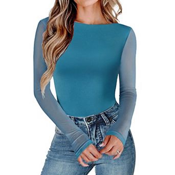 Avidlove Womens Long Sleeve Bodysuit Boat Neck Mesh Bodysuit Double Lined Leotard Dressy Tops