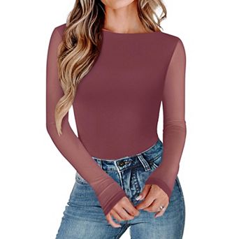 Avidlove Womens Long Sleeve Bodysuit Boat Neck Mesh Bodysuit Double Lined Leotard Dressy Tops
