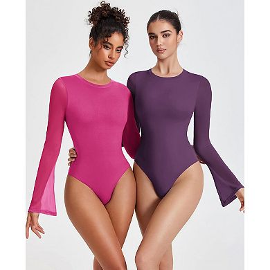 Avidlove Womens Mesh Bell Long Sleeve Crew Neck Bodysuit
