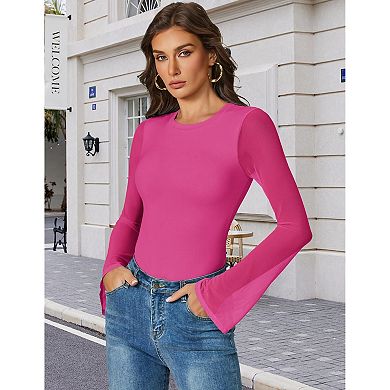 Avidlove Womens Mesh Bell Long Sleeve Crew Neck Bodysuit