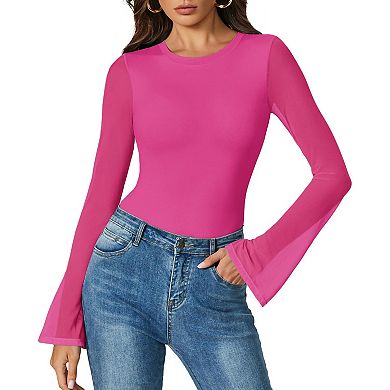 Avidlove Womens Mesh Bell Long Sleeve Crew Neck Bodysuit
