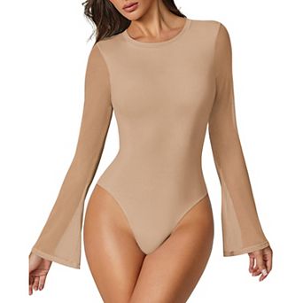 Avidlove Womens Mesh Bell Long Sleeve Crew Neck Bodysuit