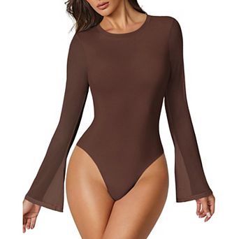 Avidlove Womens Mesh Bell Long Sleeve Crew Neck Bodysuit